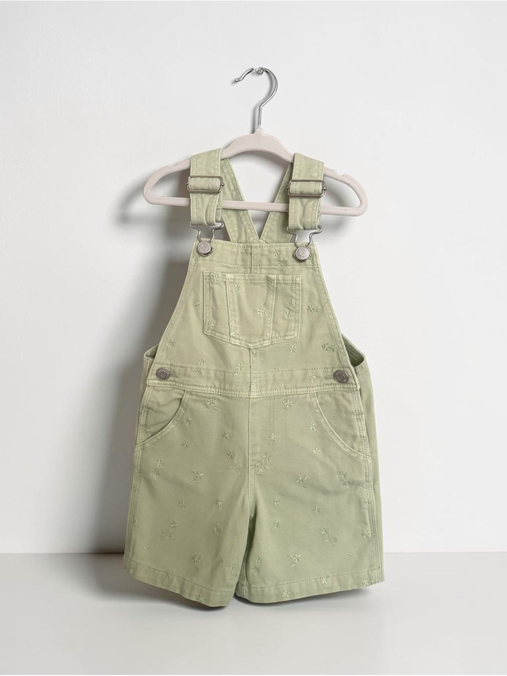 Girls' Light Green Embroidered Denim Short Overalls